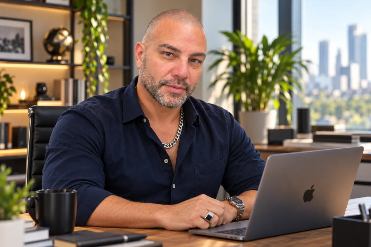 Justin de Klerk, founder of SWFFTY, seated at his desk with a laptop, looking at the camera